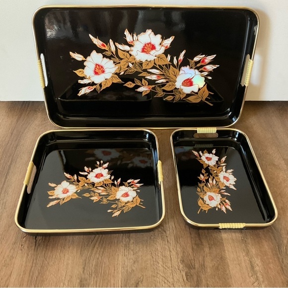 VTG Toyo Lacquer Asian Three Piece Serving Platter Plate Tray Set Japan Black - Picture 1 of 15